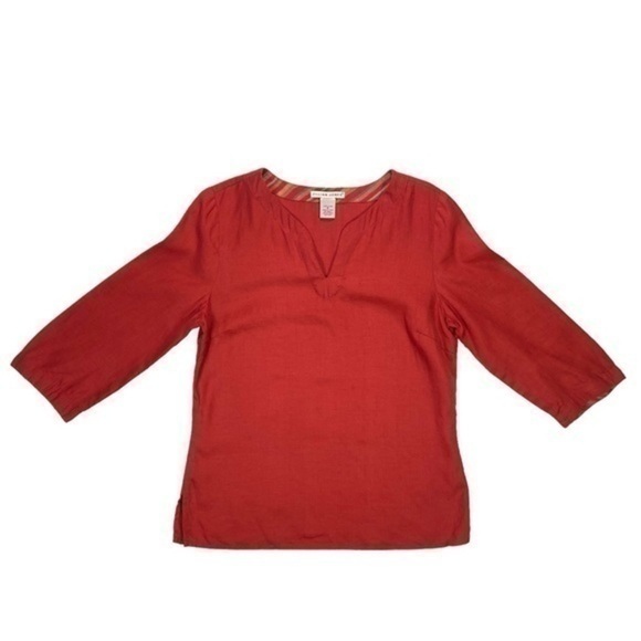 Jillian Jones 100% Linen Shirt Womens Size 6 Red V-Neck 3/4 Sleeve Summer Blouse - Picture 1 of 9